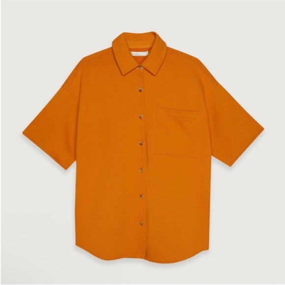 🇨🇦NWOT OAK+FORT Orange French Terry Short Sleeve Button Down - Picture 2 of 7
